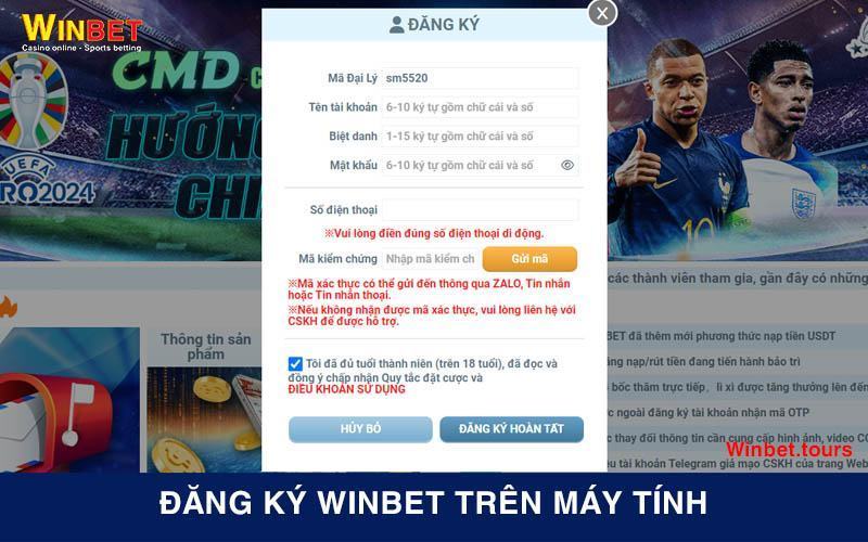 Giao diện đăng ký Winbet trên máy tính